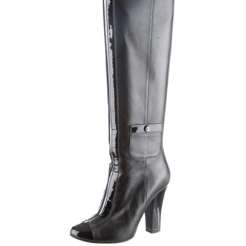 CHANEL Black Leather Tall Boots with Gold Accents - Picture 16 of 16